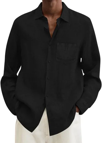 Vista 6 de Camisa de algodón y lino para hombre, talla grande, ajuste holgado, manga larga, cuello abatible, casual, tops de verano