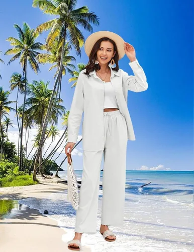 Vista 2 de Zeagoo Traje de lino para mujer, conjunto de dos piezas, camisa y pantalones de lino para verano