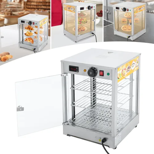 Vista 4 de Calentador de pizza de 3 niveles, calentador eléctrico de alimentos comercial con iluminación estantes extraíbles para encimera, calentador