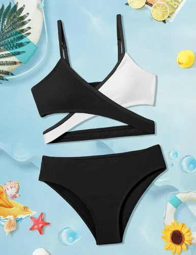 Vista 4 de Aulyffo Conjunto de bikini para niñas, traje de baño de dos piezas, traje de baño cruzado para niñas