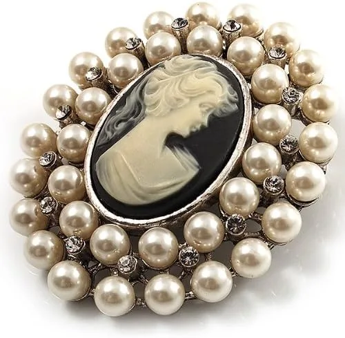 Vista 3 de Broche de camafeo de cristal de perlas simuladas (tono plateado), Perla de imitación Cristal Cameo Perla sintética Cristal, Sin gemas.