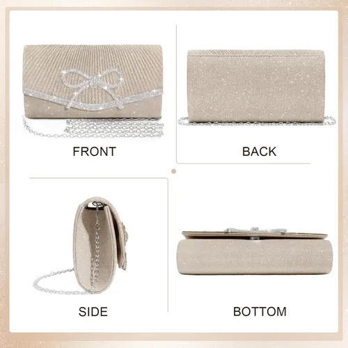 Vista 4 de Bolso de noche para mujer, bolsos de mano con lazo brillante, bolsa cruzada, bolsa de boda, fiesta de diamantes de imitación con purpurina