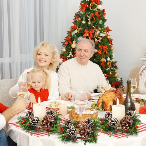 Vista 6 de 12 Piezas Portavelas de Corona de Navidad Incluyen 6 Pzas Anillo de Vela Votiva con Bayas con Piñas y 6 Pzas Portavelas de Metal para Decoración