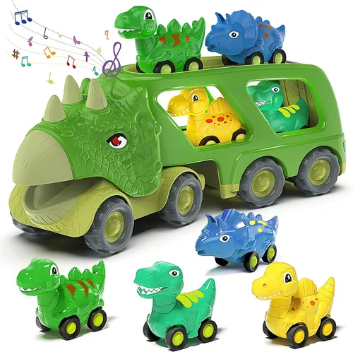 Vista 8 de Veslier Juguetes de Dinosaurio para Niños de 2-4 y 3-5 años con 6 Vehículos de Coche de Dinosaurio, Camión Transportador de Dino con Música y Sonido