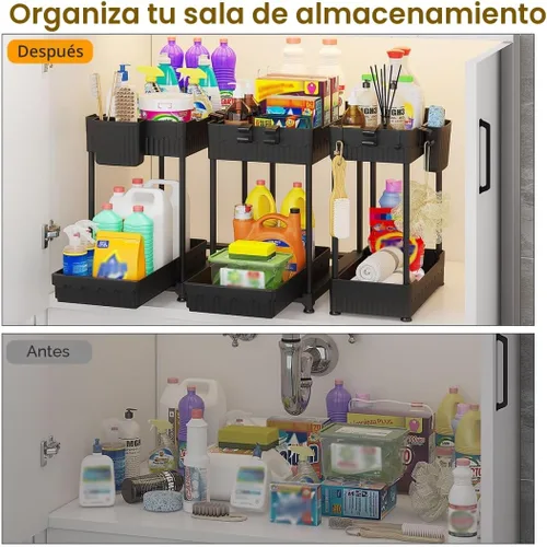 Vista 4 de Sevenblue Paquete de 3 organizadores para debajo del fregadero, organizadores multiusos de cocina y baño de 2 niveles y almacenamiento con cajones