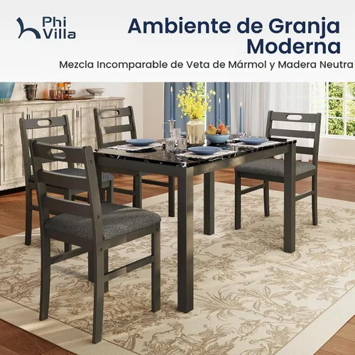 Vista 3 de PHI VILLA - Juego de mesa de comedor para 4, mesa y sillas de cocina con diseño de mármol Emperador Mármol Oscuro y Oliva