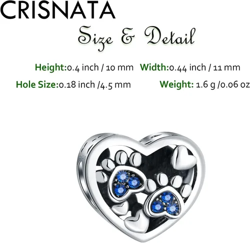Vista 2 de Dijes con estampado de patas de cachorro con cristal Brithstone, plata de ley 925, cuentas de corazón con estampado de patas, se adapta a collar