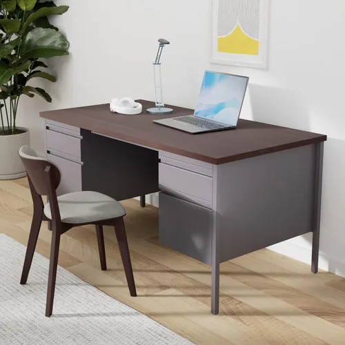 Vista 2 de Lorell Fortress - Escritorio con pedestal doble, 30 x 60 x 29.5 pulgadas, base de acero gris con parte superior laminada de caoba