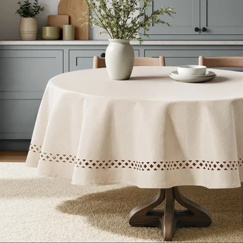 Vista 2 de MIULEE Mantel redondo de poliéster de lino beige con recortes decorativos, impermeable, resistente a las manchas y al encogimiento, 60 x 60
