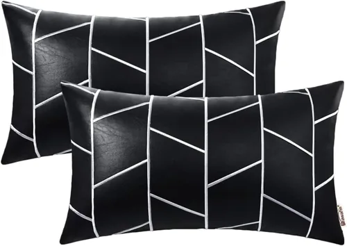 Vista 32 de BRAWARM Fundas de almohada de cuero 16 X 16 pulgadas, paquete de 2 fundas de almohada de cuero sintético negro, fundas de almohada decorativas