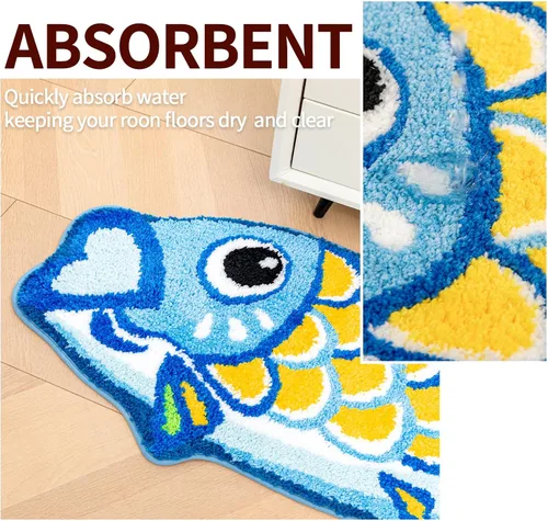 Vista 5 de Bonita alfombra de baño Koi de pez azul, antideslizante, de dibujos animados, divertidas, alfombras de baño y tapetes absorbentes para niños