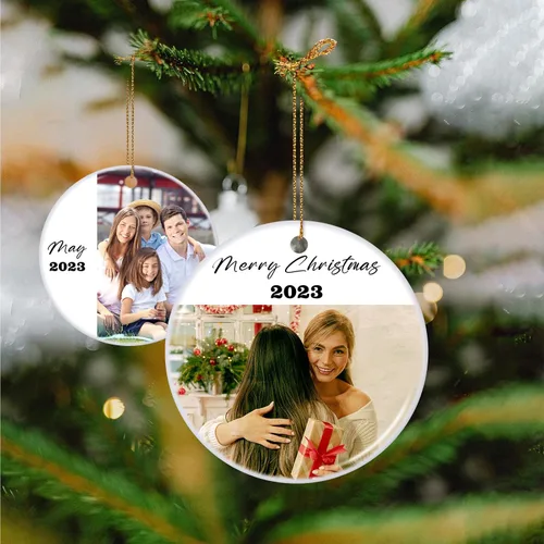 Vista 4 de Adornos de Navidad personalizados 2024, adorno colgante con texto fotográfico personalizado, regalo de recuerdo para decoraciones de árbol