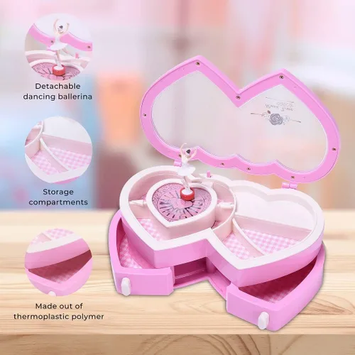 Vista 2 de Shop LC Heart Pink Musical Travel Jewelry Box Organizer Double Tray Dancing Ballerina Jewelry Small Case Memory Box Birthday Gifts for Daughter
