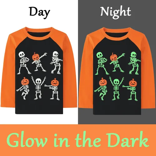 Vista 3 de Camisas de Halloween para niños y niñas, camisetas de manga larga raglán para niños, camisetas de esqueleto de calabaza que brillan en la oscuridad