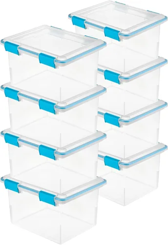 Vista 20 de Sterilite 19414306 - Caja de almacenamiento de plástico transparente de 7.5 cuartos y tapa con pestillos azules