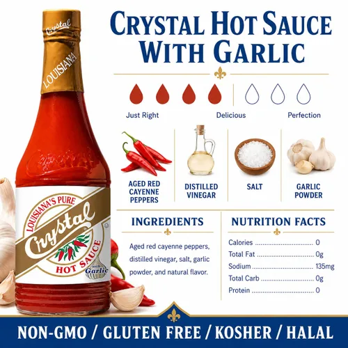 Vista 2 de Crystal Louisiana's Pure Hot Sauce con ajo, 12 onzas, pimientos de cayena añejos, calor medio, sabor Gumbo a Bloody Mary's