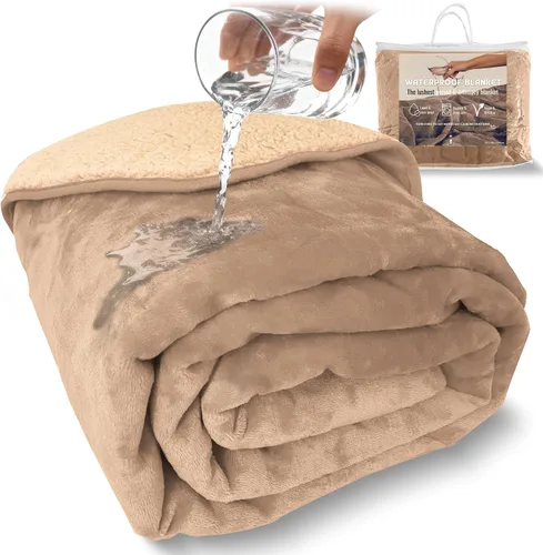 Vista 2 de Sacred Weapon - Manta impermeable para cama – Mini manta Sherpa y forro polar – Manta impermeable para sofá y protector de colchón, absorbente, Beige