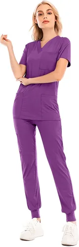 Vista 4 de Conjunto de uniformes médicos para mujer, conjunto de uniforme de enfermera, conjunto de trabajo al aire libre, conjunto de ropa quirúrgica elástica