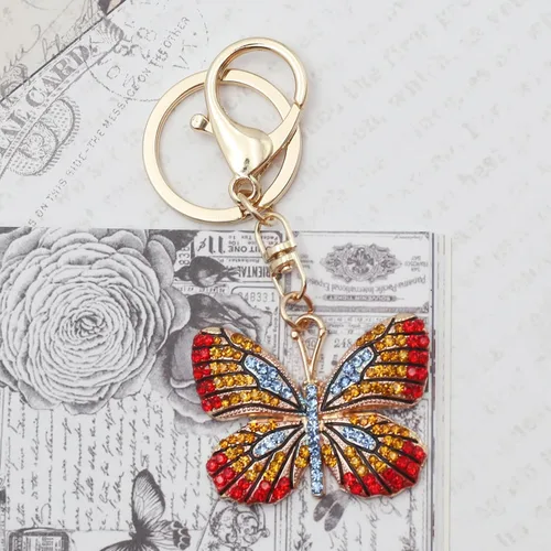 Vista 7 de Llavero de mariposa de aleación de diamantes de imitación, diseño de rana, leopardo, pulpo, animal brillante, llavero de metal para bolsa, bolsa