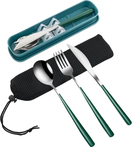 Vista 9 de VANRA Juego de utensilios de viaje portátiles de 3 piezas con estuche, juego de cubiertos de acero inoxidable 18/8, juego de cubiertos reutilizables
