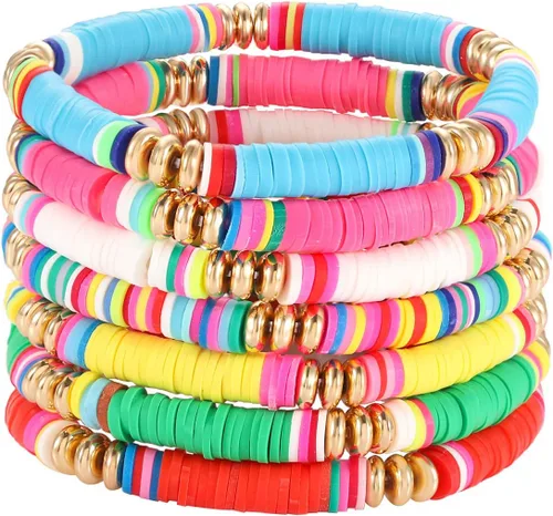 Vista 57 de Surfer Heishi - Pulseras apilables para mujer, apilables, de vinilo arcoíris, disco de arcilla, pulseras elásticas para la amistad, joyería bohemia