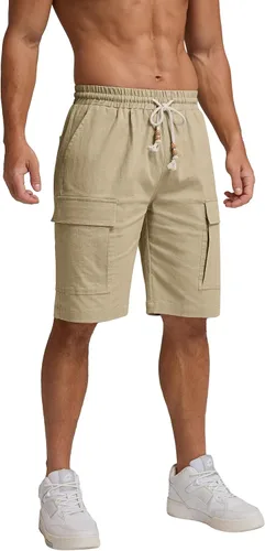Vista 6 de Sailwind Pantalones cortos de lino cargo para hombre, pantalones cortos de playa de verano con cordón