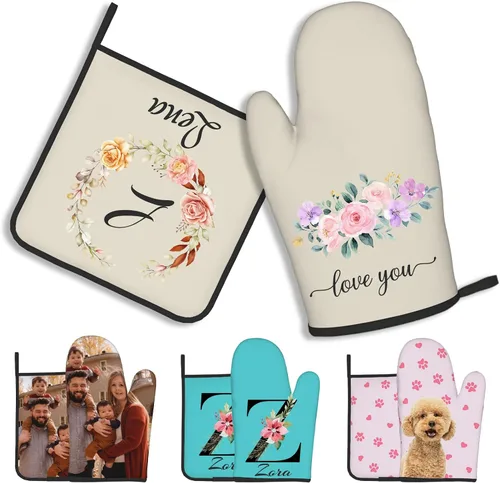 Vista 14 de Manoplas de horno personalizadas con nombre y foto, resistentes al calor y a la intemperie, para amigos y familia, como regalo de cocina, horneado