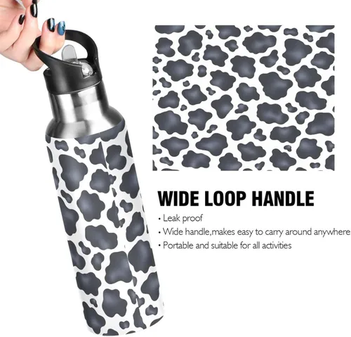 Vista 4 de Black White Cow Spots Insulated Stainless Steel Water Bottle with Straw 20 Oz Leakproof Water Bottles, BPA-Free Sports Water Bottle with Straw