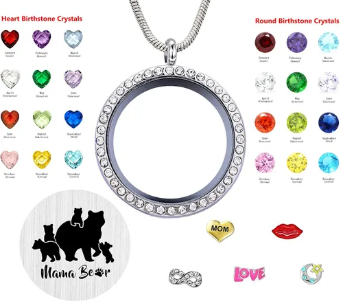 Vista 6 de Collar con colgante para mamá medallón flotante con 24 piedras natales y abalorios para mujeres y niñas regalo para madre