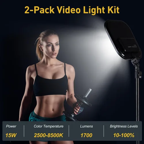 Vista 2 de Paquete de 2 luces LED de video, luz de estudio de 15 W, temperatura de color de 2500-8500 K con soporte de trípode y soporte para teléfono