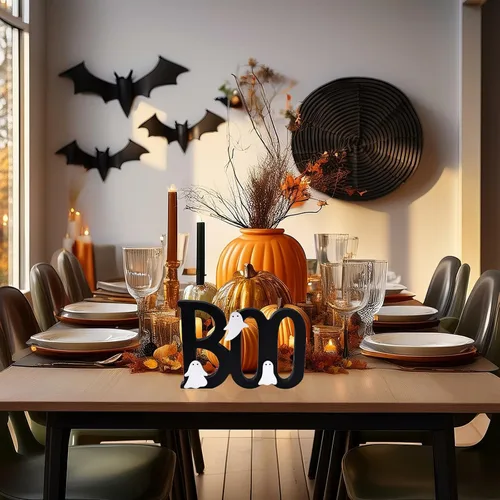 Vista 5 de Ovootok Wooden Boo Sign Halloween Table Decorations Cute Ghost Decor Indoor Halloween Decor Indoor 3-Layer Wooden BOO Sign with Cute White Ghosts
