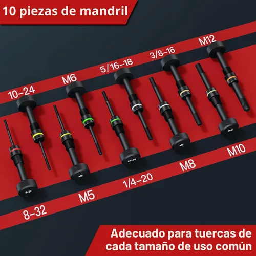 Vista 5 de TOLRET Kit de Herramienta para Tuerca Remachable Kit de Tuerca Remachable, Kit de Herramienta Rivnut con 10 Mandriles Métricos y SAE, Kit Surtido