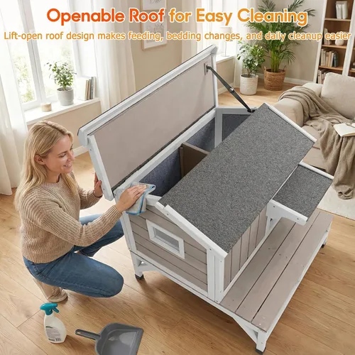 Vista 7 de PetsCosset Casa para gatos al aire libre, refugio de madera para gatos con interior de tela rascadora incorporada, diseño de 2 pisos resistente a
