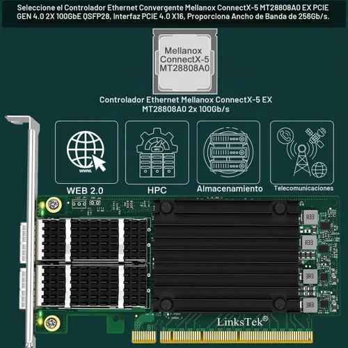 Vista 2 de CX516A Dual 100Gb/s QSFP28 Adaptador Ethernet RDMA inteligente para servidores Web 2.0, nube y almacenamiento, Mellanox ConnectX-5 EX MT28808A0