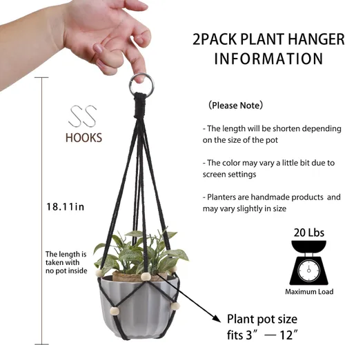 Vista 5 de Artilady Maceta Colgante Negra para Plantas de Interior Colgador de Plantas de Macramé Soporte Colgante Grande para Plantas con Cuentas Ajustables