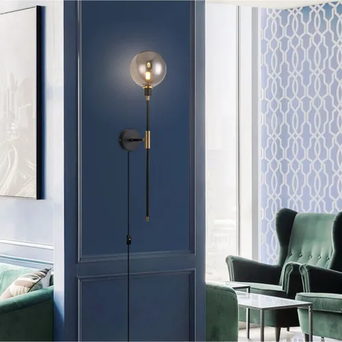 Vista 3 de KCO Apliques de pared con enchufe de 1 luz, cable de interruptor de encendido/apagado, lámpara de pared moderna negra con brazo largo de globo