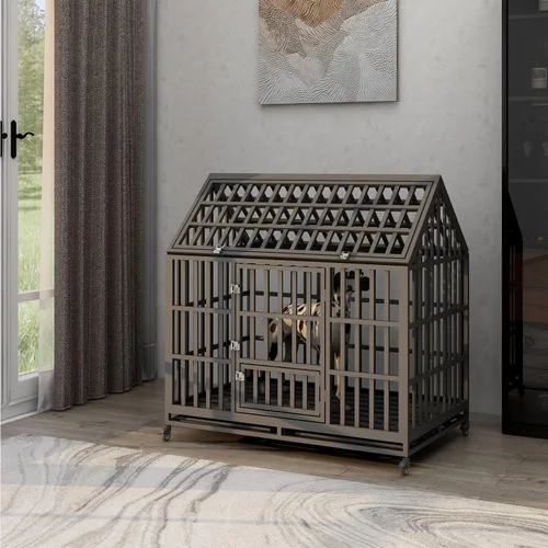 Vista 9 de Jaula grande para perros, jaula de hierro galvanizado resistente de 47 pulgadas para perros, muebles con puerta delantera, puerta superior y 4