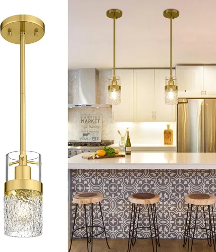 Vista 9 de LMS Lámpara colgante dorada, 1 luz colgante para isla de cocina con vidrio martillado, LMS-171