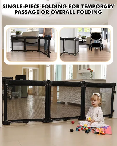 Vista 5 de Puerta de corral para bebés extra ancha con malla resistente al calor, valla plegable de 6 paneles para bebés, barrera de seguridad