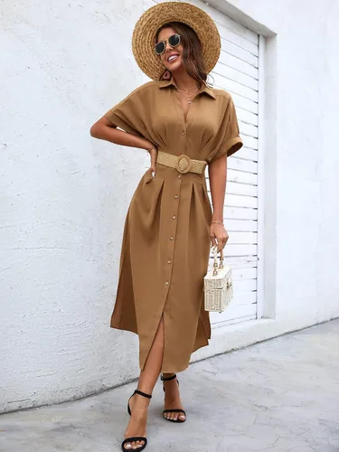 Vista 5 de MakeMeChic Vestido largo y fluido para mujer con cuello de murciélago, con abertura frontal, con botones