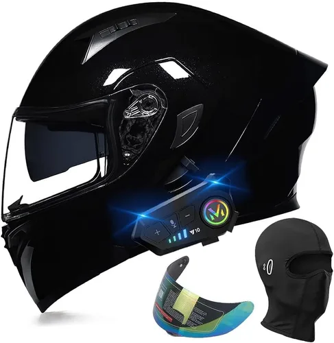 Vista 8 de Casco de motocicleta modular con Bluetooth, aprobado por DOT, casco de cara completa abatible, con visera doble, altavoces duales y micrófono
