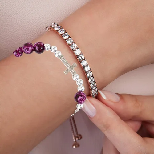 Vista 5 de Pulsera católica con tarjeta de oración, pulsera de cuentas moradas con cruz en tono plateado, regalo del día de la madre para madre religiosa