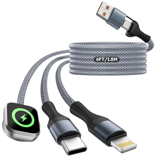 Vista 32 de Travel Essentials - Cable de carga múltiple 4 en 1 para cargador de reloj de iPhone, USB A a doble tipo C/IP/iWatch, cargadores de viaje