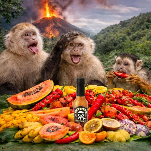 Vista 5 de Monoloco Salsa picante vegana sin gluten con gorro escocés panameño, rocoto, pimientos de cayena y pimientos fantasma, ajo y especies naturales
