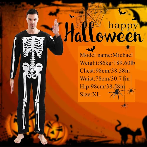 Vista 5 de Disfraz de Halloween de esqueleto en liquidación de Halloween para hombres adultos, overol de hueso de calavera 3D, disfraz de cosplay y fiesta