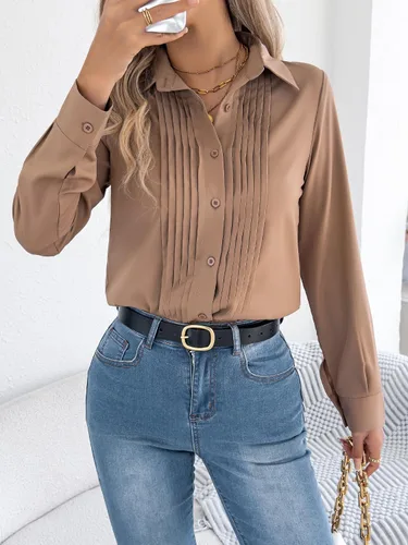 Vista 3 de Blusa de manga larga plisada con cuello y botones para mujer, elegante blusa de oficina