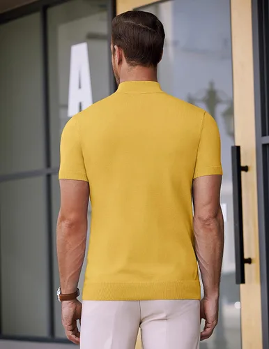 Vista 7 de COOFANDY Suéter de cuello alto falso para hombre, de manga corta, color sólido, básico, ajustado, de punto