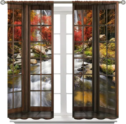 Vista 279 de Cortinas de paisaje, ventana 3D, primavera, bosque, vida silvestre, paisajes de naturaleza, dormitorio, sala de estar, cortinas térmicas opacas de 2