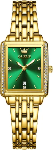 Vista 13 de OLEVS Reloj de mujer de oro de acero inoxidable, reloj de cara cuadrada pequeña con decoración de diamantes, reloj de vestir de cuarzo analógico