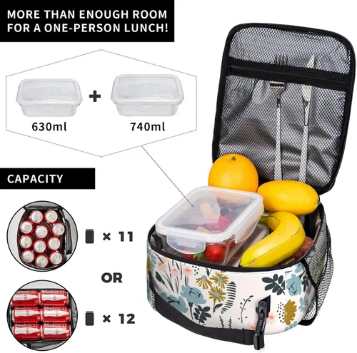 Vista 3 de FREEHOTU Bolsa de almuerzo con patrón floral, doble aislamiento, a prueba de fugas, bolsa de mano, organizador de almuerzo para trabajo, picnic